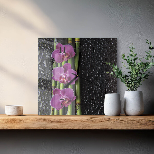 Vierkante glazen wandklok Orchidee