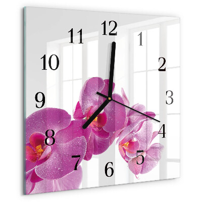 Vierkante glazen wandklok Orchidee