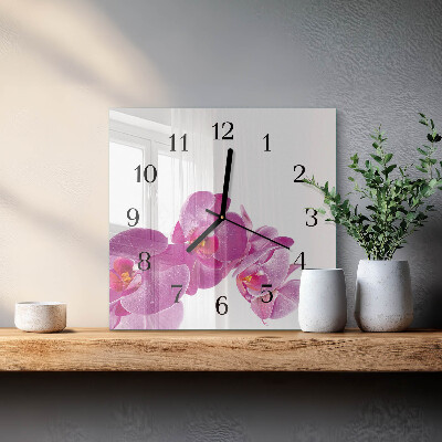 Vierkante glazen wandklok Orchidee