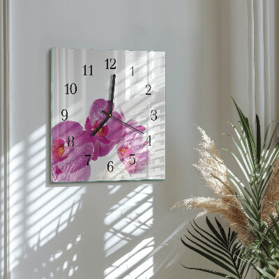 Vierkante glazen wandklok Orchidee