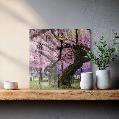 Vierkante glazen wandklok Bomen