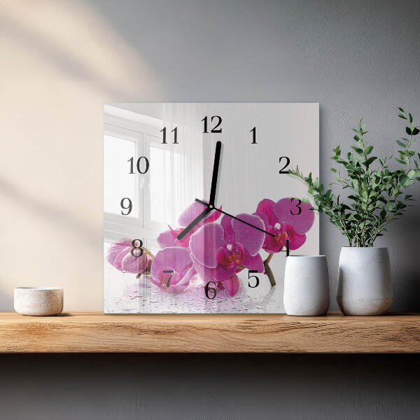 Vierkante glazen wandklok Orchidee