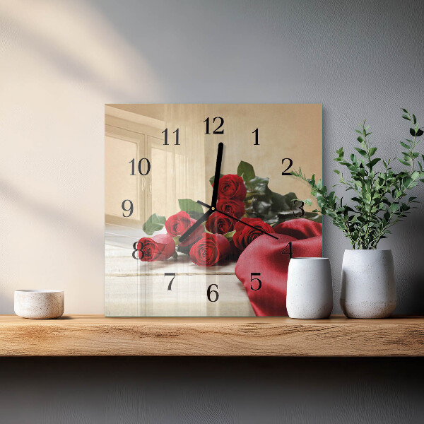Vierkante glazen wandklok Rozen