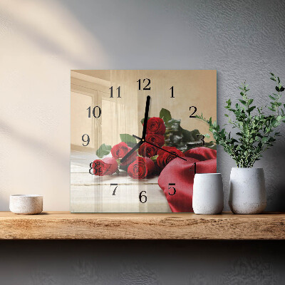 Vierkante glazen wandklok Rozen