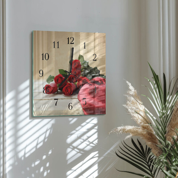 Vierkante glazen wandklok Rozen