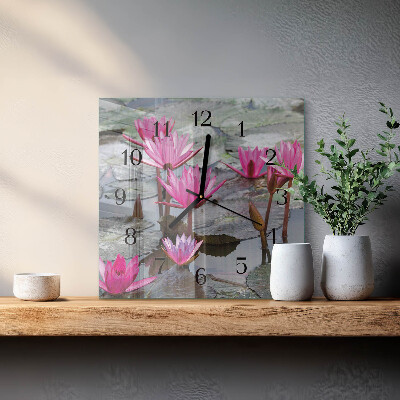 Vierkante glazen wandklok Waterlelies