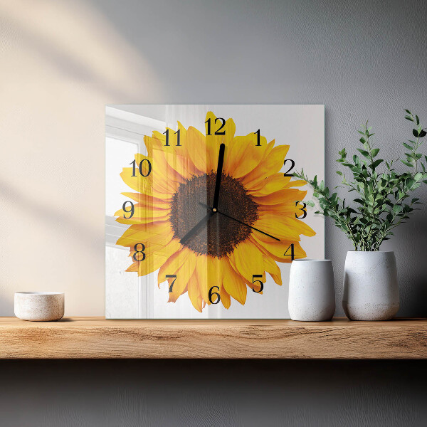 Vierkante glazen wandklok Zonnebloem