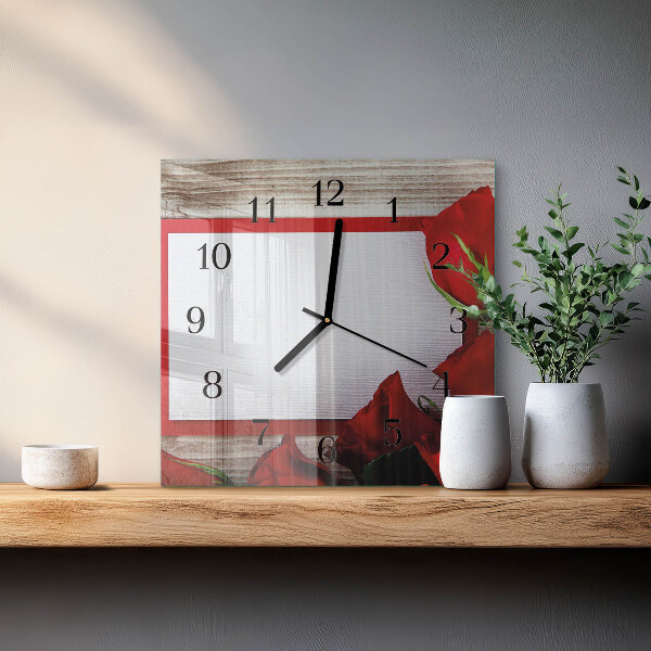 Vierkante glazen wandklok Rozen