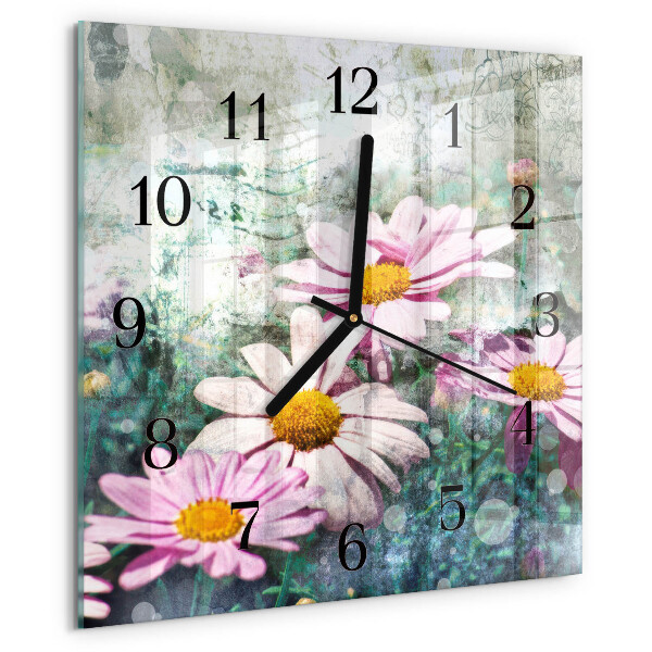 Vierkante glazen wandklok Bloemen