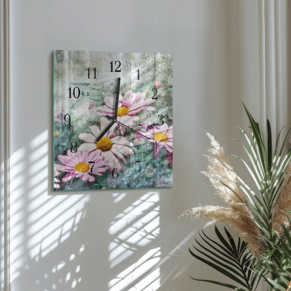 Vierkante glazen wandklok Bloemen