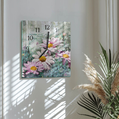 Vierkante glazen wandklok Bloemen