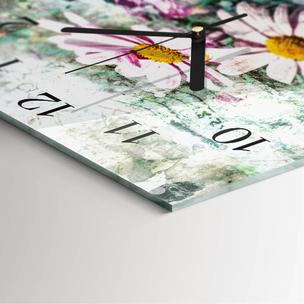 Vierkante glazen wandklok Bloemen