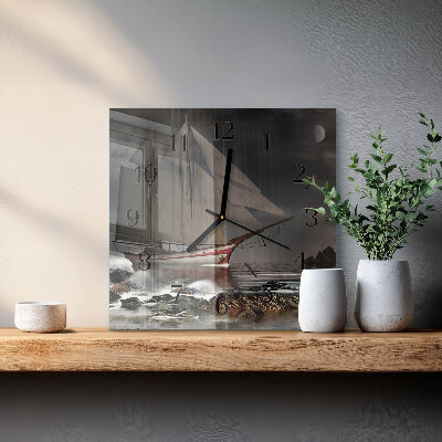 Vierkante glazen wandklok Zeilboot