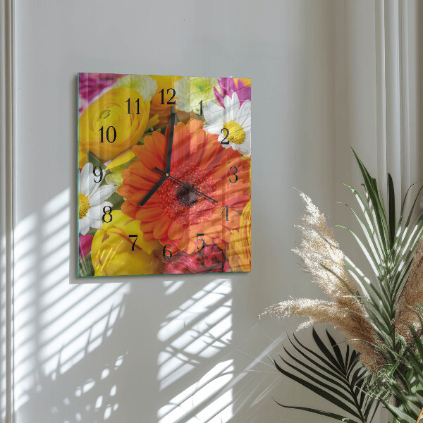 Vierkante glazen wandklok Bloemen