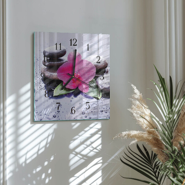 Vierkante glazen wandklok Orchidee