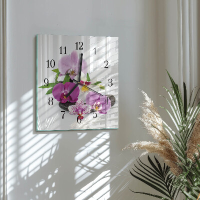 Vierkante glazen wandklok Orchidee
