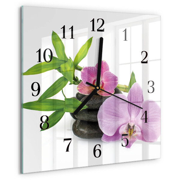 Vierkante glazen wandklok Orchidee