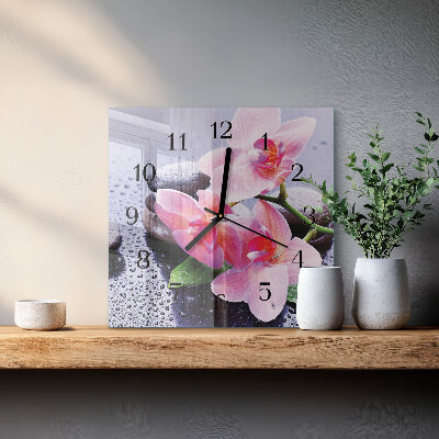 Vierkante glazen wandklok Orchidee
