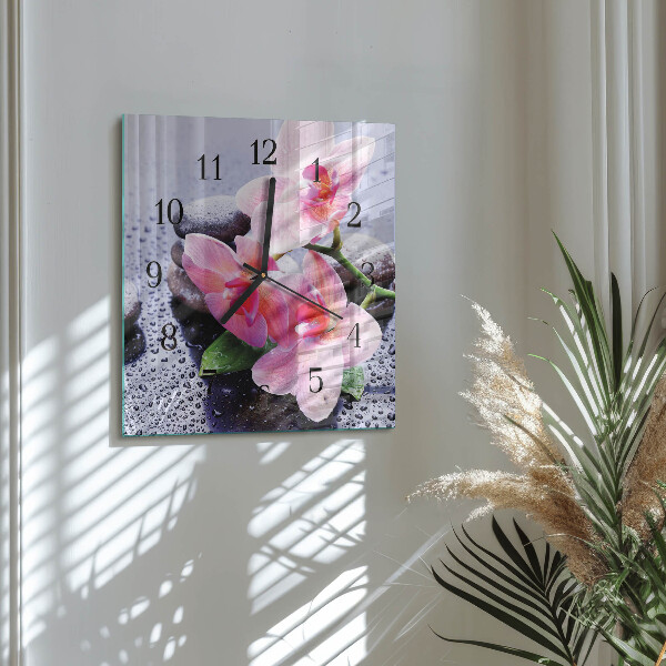 Vierkante glazen wandklok Orchidee