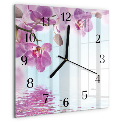 Vierkante glazen wandklok Orchidee