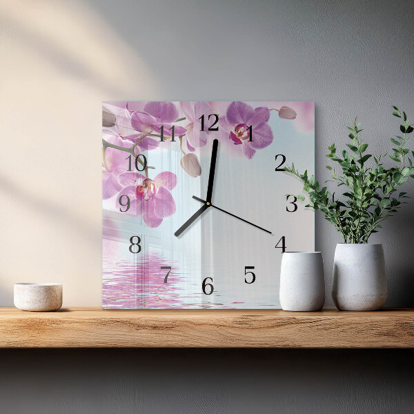 Vierkante glazen wandklok Orchidee