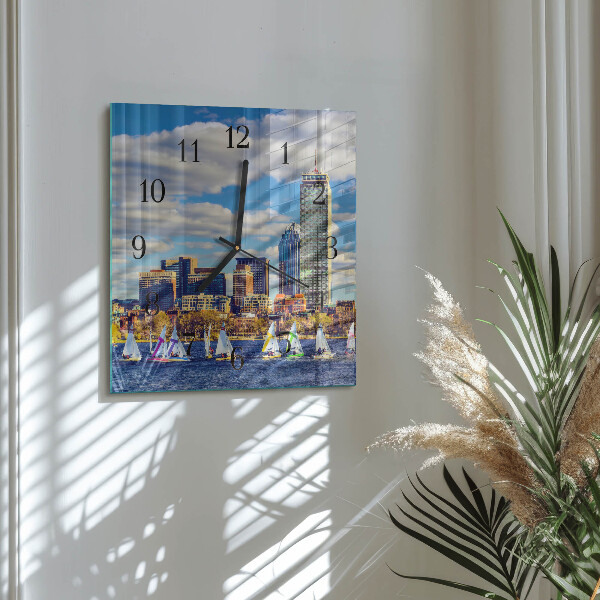 Vierkante glazen wandklok Zeilboten