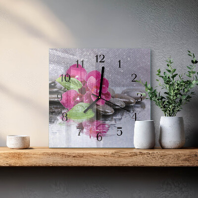 Vierkante glazen wandklok Orchidee