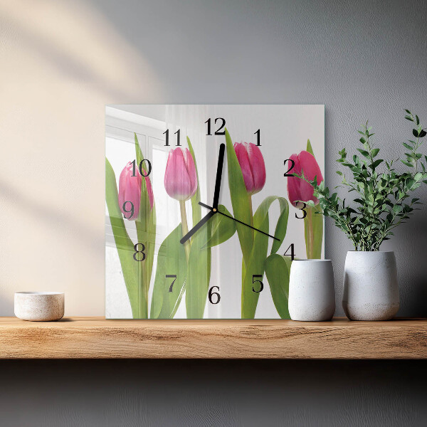 Vierkante glazen wandklok Tulpen