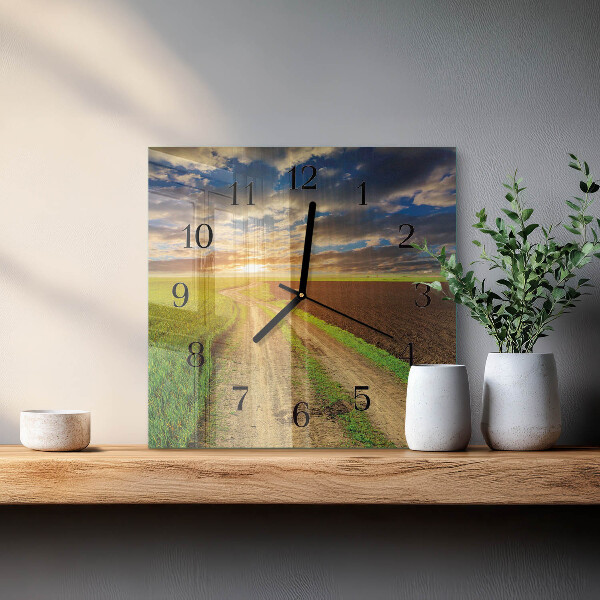 Vierkante glazen wandklok Veld
