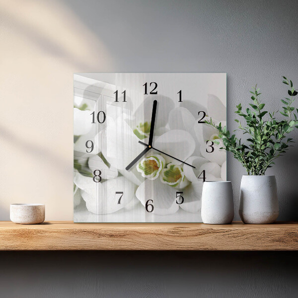 Vierkante glazen wandklok Bloemen