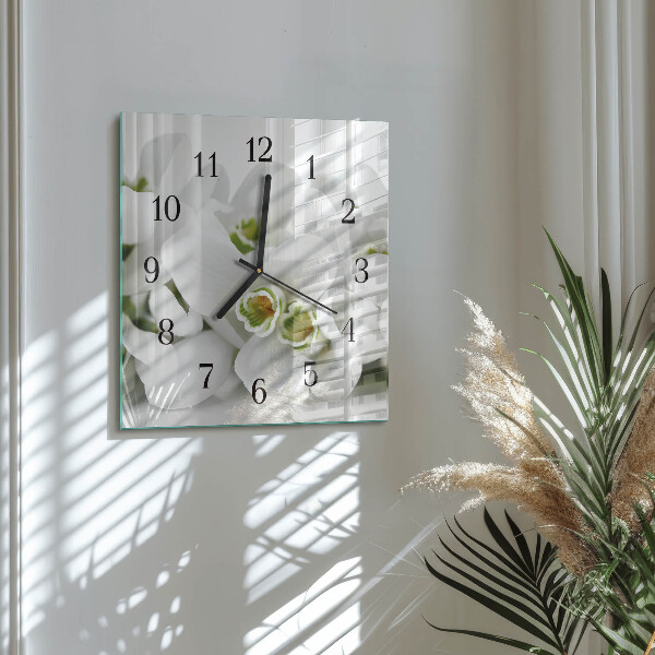 Vierkante glazen wandklok Bloemen