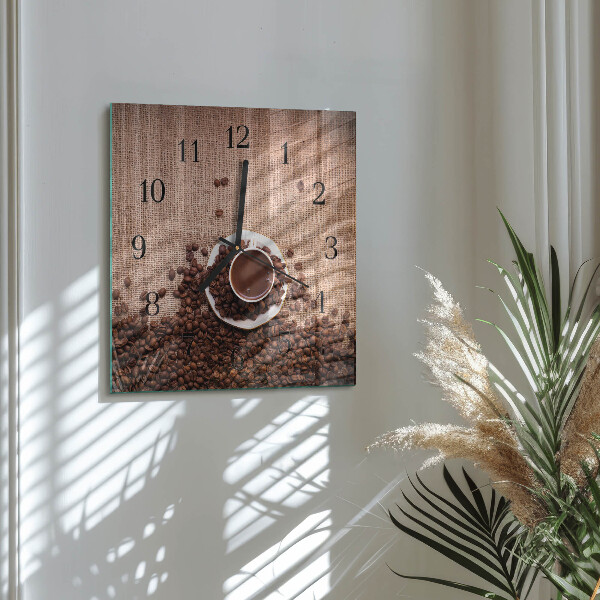Vierkante glazen wandklok Koffiebonen