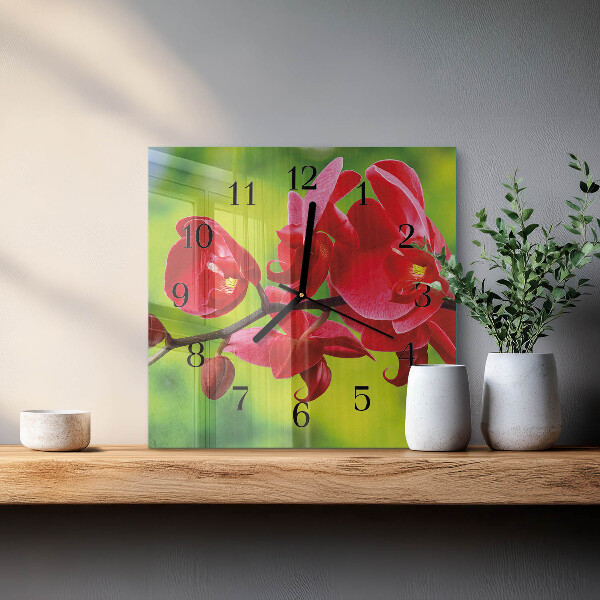 Vierkante glazen wandklok Orchidee