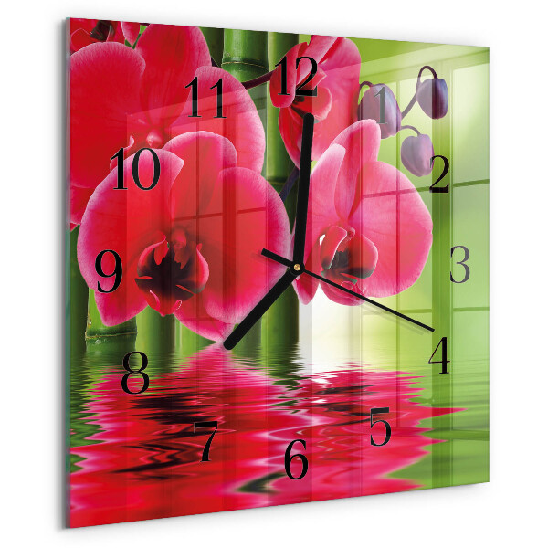 Vierkante glazen wandklok Orchidee