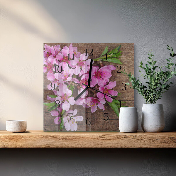 Vierkante glazen wandklok Bloemen