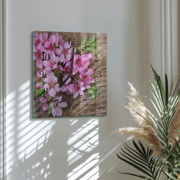 Vierkante glazen wandklok Bloemen
