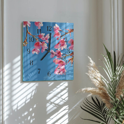 Vierkante glazen wandklok Bloemen