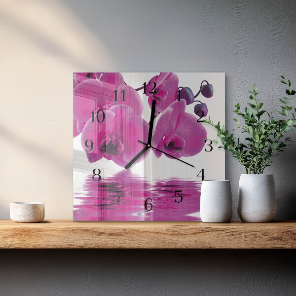 Vierkante glazen wandklok Orchidee