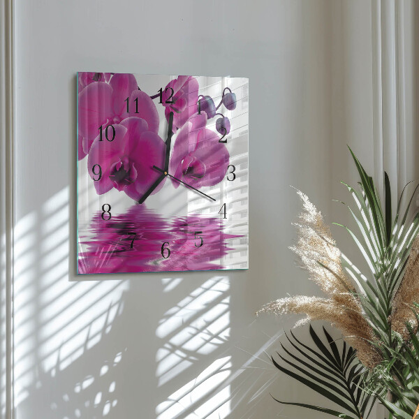 Vierkante glazen wandklok Orchidee