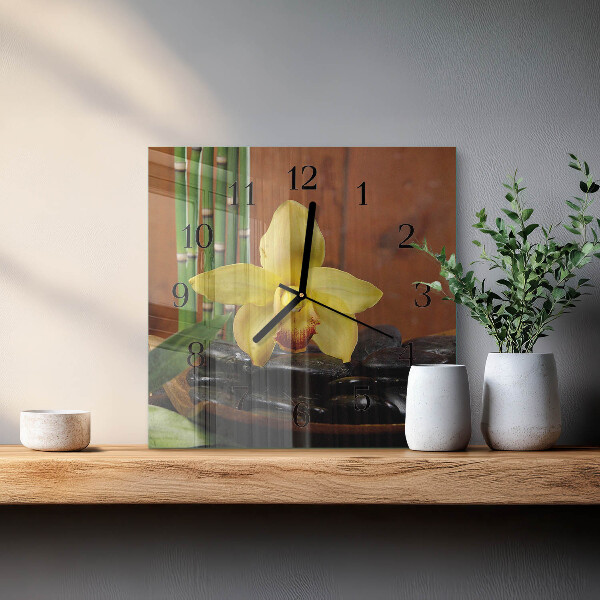 Vierkante glazen wandklok Bamboe-orchidee