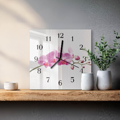 Vierkante glazen wandklok Orchidee