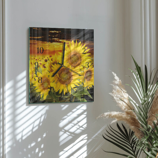 Vierkante glazen wandklok Zonnebloemen