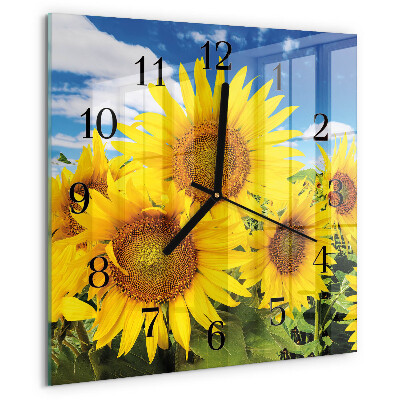 Vierkante glazen wandklok Zonnebloemen