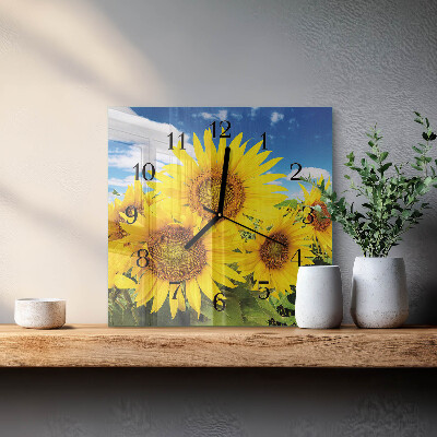 Vierkante glazen wandklok Zonnebloemen