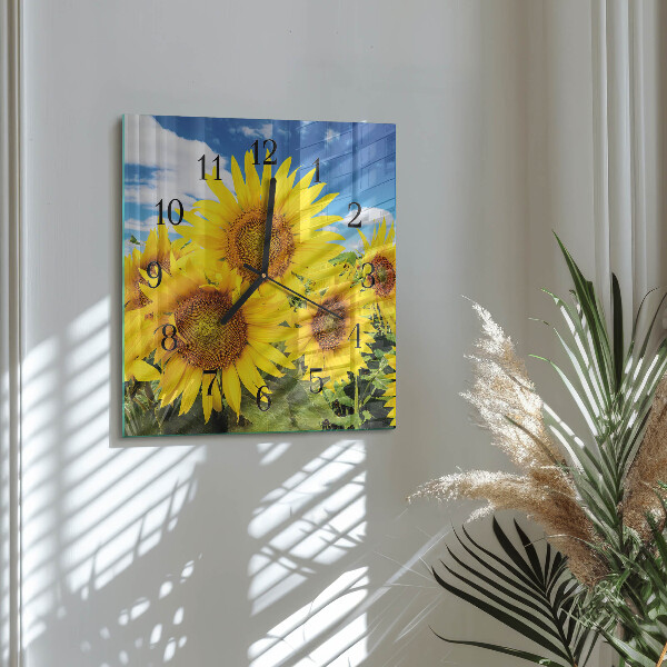 Vierkante glazen wandklok Zonnebloemen