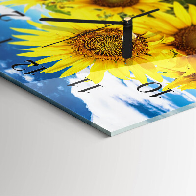Vierkante glazen wandklok Zonnebloemen