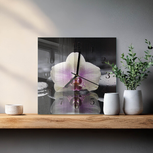 Vierkante glazen wandklok Orchidee