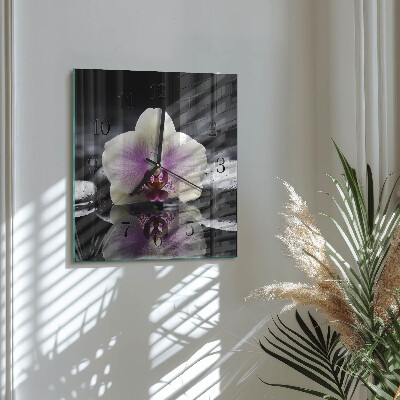 Vierkante glazen wandklok Orchidee