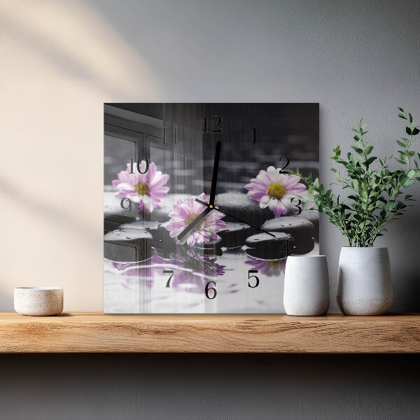 Vierkante glazen wandklok Bloemen