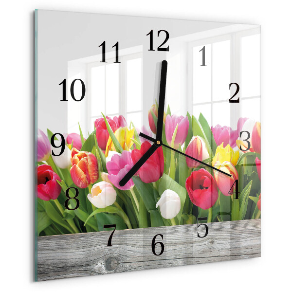 Vierkante glazen wandklok Tulpen